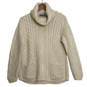 Aran Crafts Ireland Sweater Womens Medium Cream Merino Wool Cable Knit Pockets